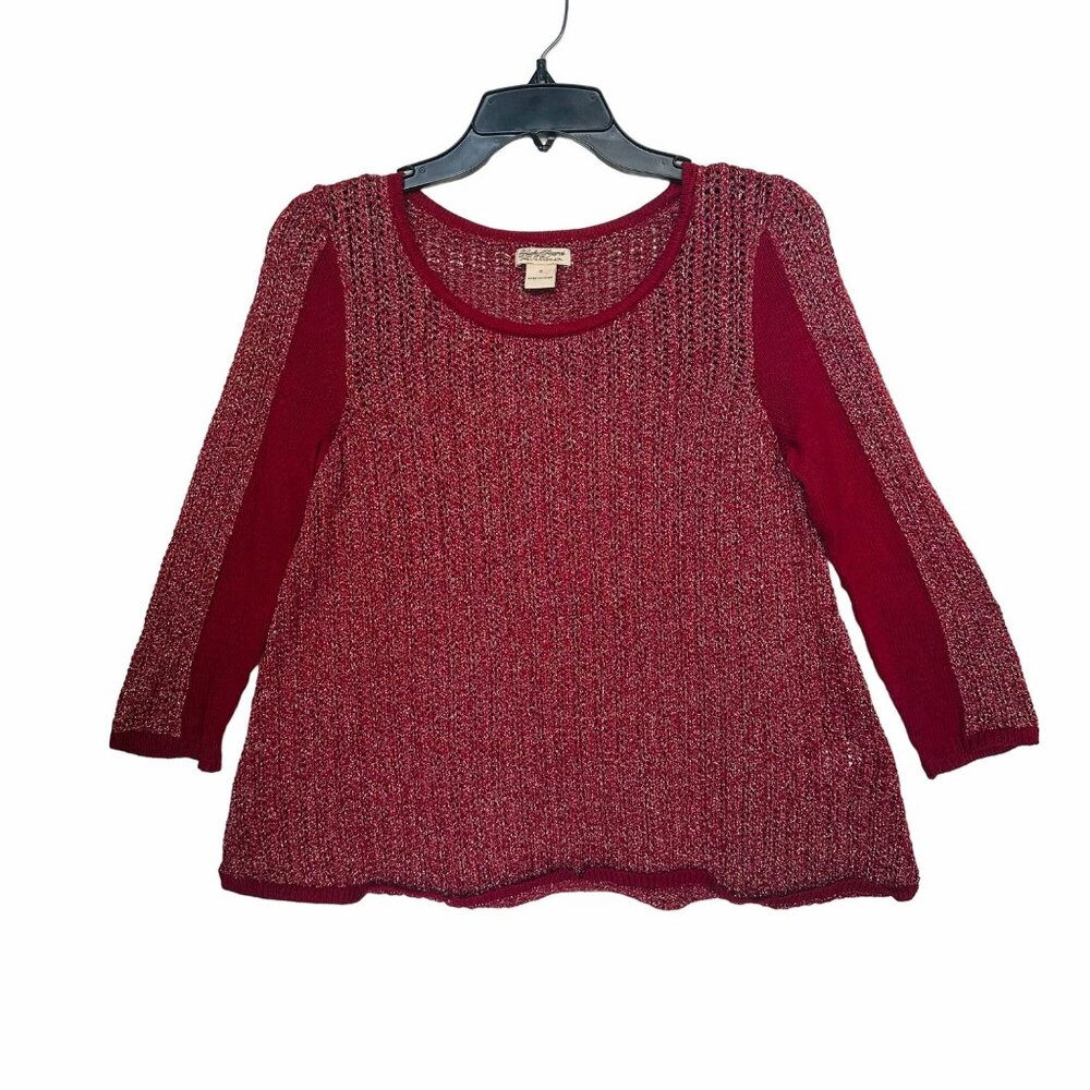 ✨Lucky Brand Sz S Women's Sweater Metallic Swing Open Weave Red gold Burgundy